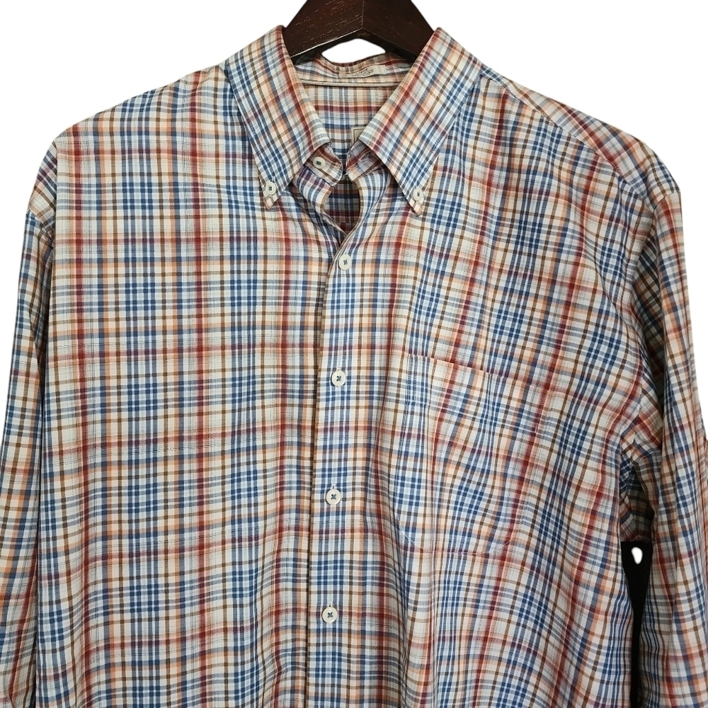 Peter Millar Calgary Crown Cotton Sport Shirt Burnt Orange Blue Plaid - Large